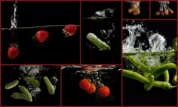 Collage de diferentes verduras cayeron en el agua — Foto de Stock