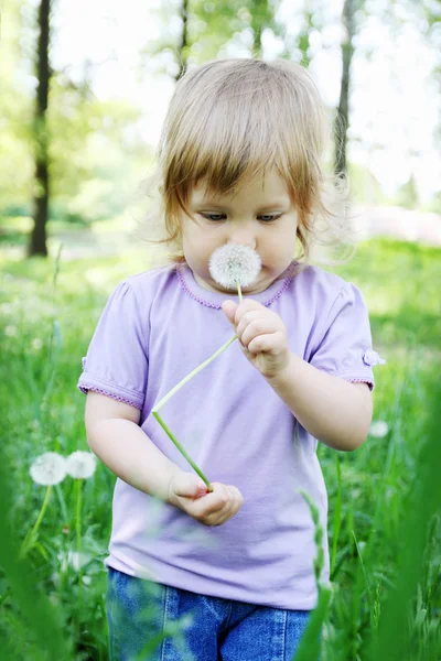 Meisje ruikende paardebloem — Stockfoto