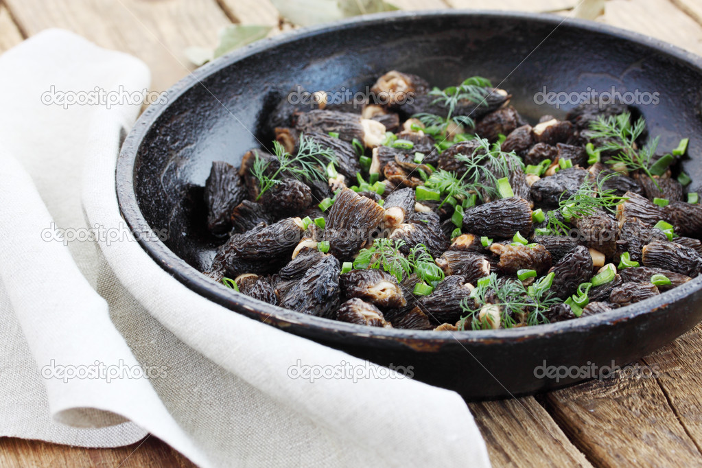 Morels mushrooms fried in a pan