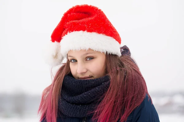 Menina Bonito Com Cabelo Rosa Chapéu Papai Noel Inverno — Fotografia de Stock