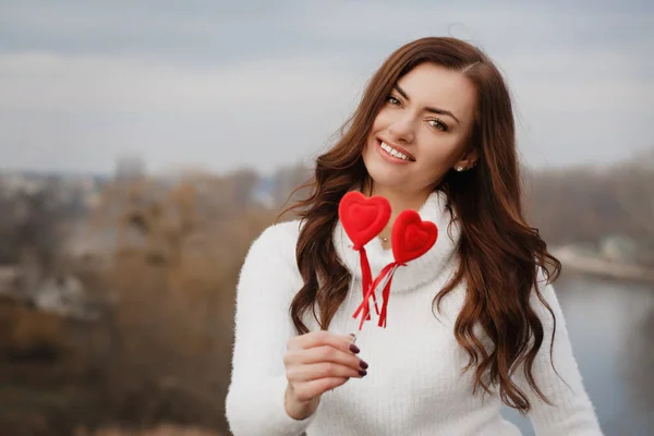 Portrait Young Beautiful Girl Hearts — Stockfoto