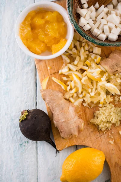 Mix Black Radish Honey Ginger Lemon Still Life Foods Boost — Stockfoto