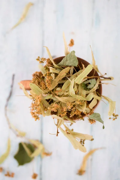 Dry Linden Flowers Linden Tea Wooden Mug — Stockfoto