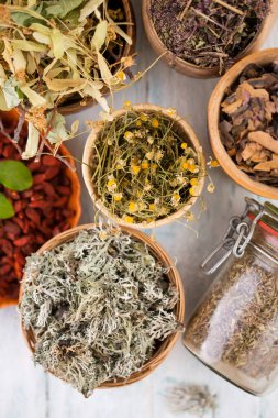 Şifalı çay için kuru otlar. Üst görünüm koleksiyonu