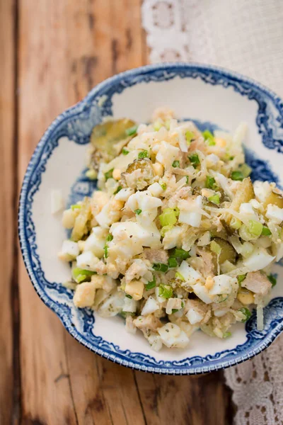 Ensalada Pollo Huevo Cebolla Verde Pepino Escabeche — Foto de Stock