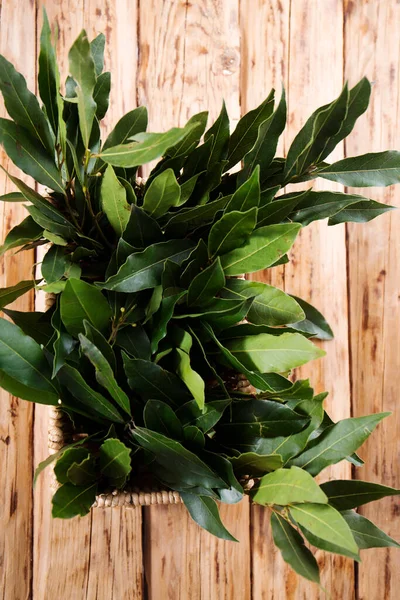 Bouquet Fresh Branches Laurel Leaves Wooden Background — Fotografia de Stock