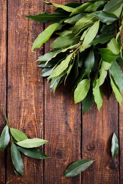 Bouquet Fresh Branches Laurel Leaves Wooden Background — Stockfoto