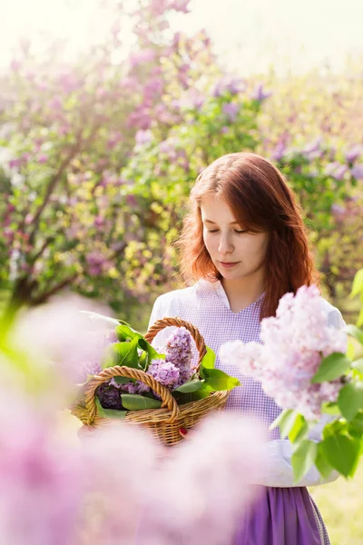 Joven Hermosa Mujer Pelirroja Vestido Vintage Jardín Con Flor Lila —  Fotos de Stock