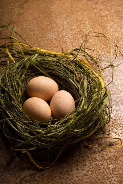 Chicken Eggs Nest Metallic Background Easter Concept Rustic Style — Stock Photo, Image