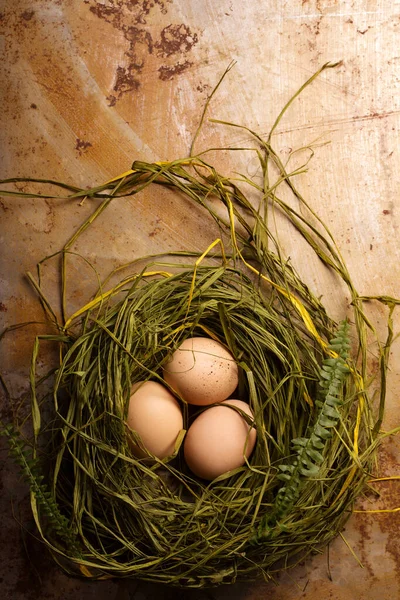 Chicken Eggs Nest Metallic Background Easter Concept Rustic Style — Stock Photo, Image