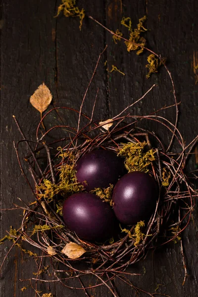 Beautiful Burgundy Easter Eggs Nest Wooden Background Easter Concept Rustic — Stock Photo, Image