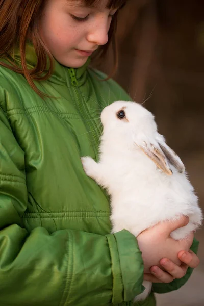 Girl Holding White Rabbit Her Hands Easter Concert — Stock Photo, Image