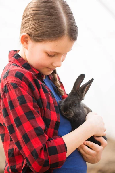 Portrait Girl Black Rabbit Her Hands Easter Concept — Stock Photo, Image