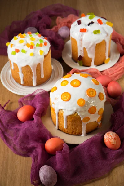 Easter Cakes Decorated Candied Fruits Jelly Sweets Kumquat Top View — Stock Photo, Image