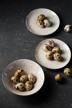 Benekli tabaklardaki bıldırcın yumurtaları gri arka planda.