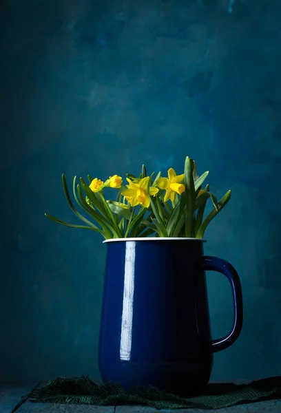 Hermosos Narcisos Amarillos Una Jarra Azul Sobre Fondo Azul —  Fotos de Stock