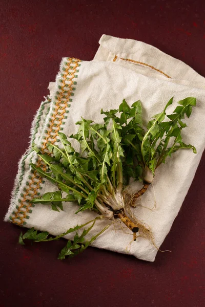 春季维生素沙拉用新鲜蒲公英蔬菜 — 图库照片