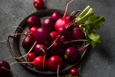 Koyu arkaplanda eski bir tepside yuvarlak renkli turp.