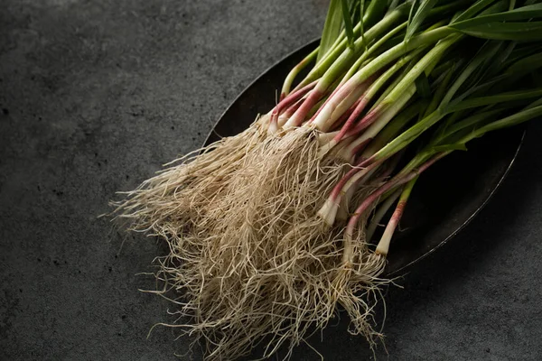 Bunch Young Green Garlic Leaves Dark Background — Foto Stock