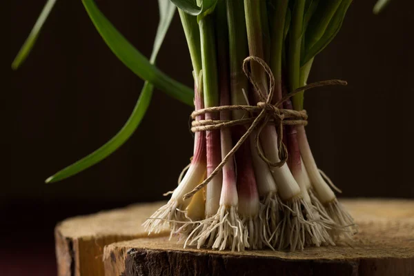 Bunch Young Green Garlic Leaves Dark Background — Foto Stock