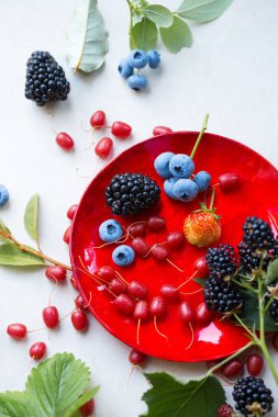 Kırmızı tabakta çeşitli yaz meyveleri, üst manzara.