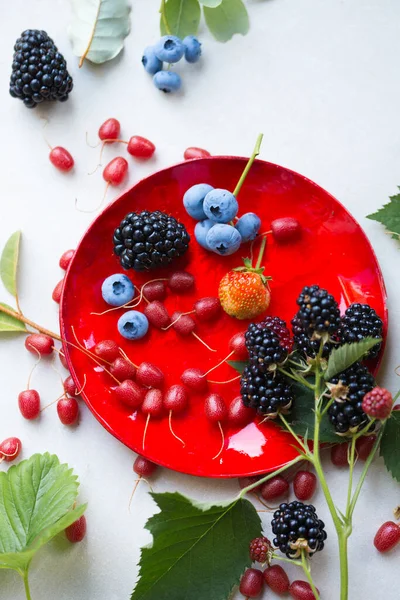 Kırmızı tabakta çeşitli yaz meyveleri, üst manzara.