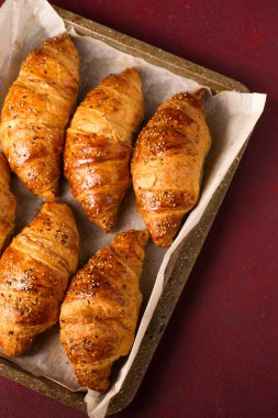 Burgundy arka planında fırında pişmiş kruvasan.