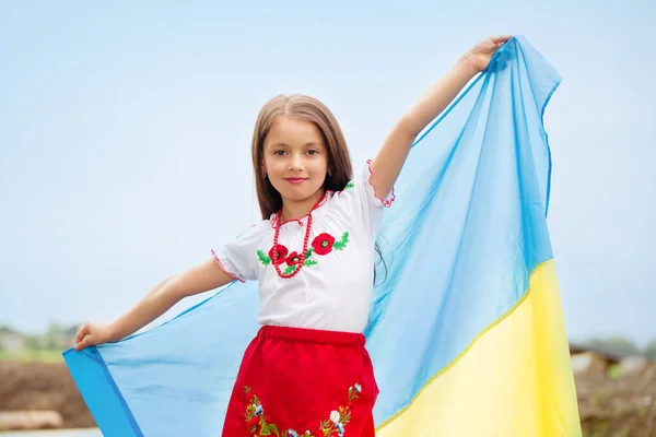 Pequena Menina Bonita Roupas Ucranianas Com Bandeira Ucrânia — Fotografia de Stock