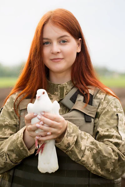 Beautiful Ukrainian Young Woman Bulletproof Vest White Dove Her Hands — Stock Photo, Image