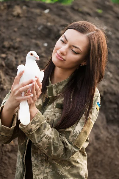 Beautiful Ukrainian Young Woman Camouflage White Dove Her Hands Symbol — Stock Photo, Image