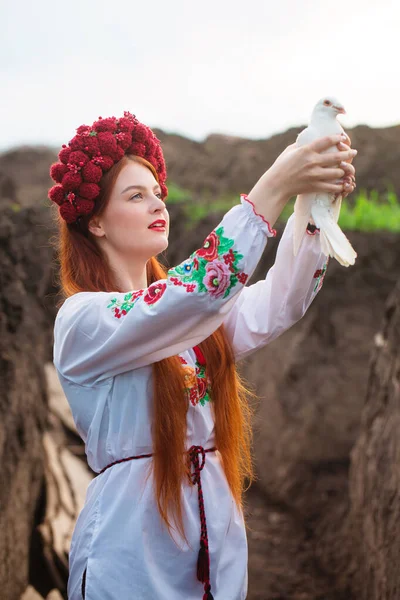 Beautiful Ukrainian Woman Ukrainian National Embroidered Dress White Dove Her — ストック写真
