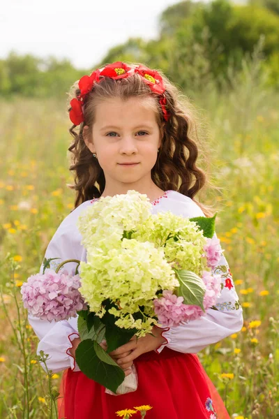 Ukrayna Halk Kostümlü Bir Kız Bir Buket Ortancayla Bir Tarlada — Stok fotoğraf