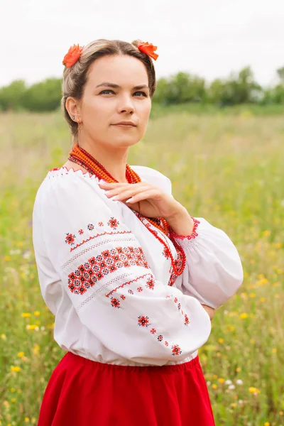 Portrait Ukrainian Woman National Folk Costume Field — Stock Photo, Image