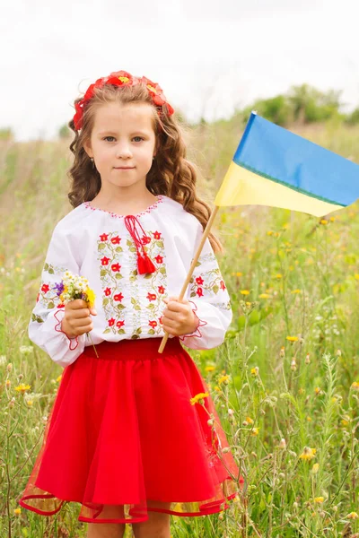 Little Girl Ukrainian Folk Costume Field Ukrainian Flag Her Hands — 스톡 사진