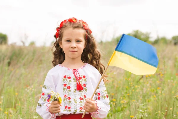 Holčička Ukrajinském Lidovém Kostýmu Poli Ukrajinskou Vlajkou Rukou — Stock fotografie