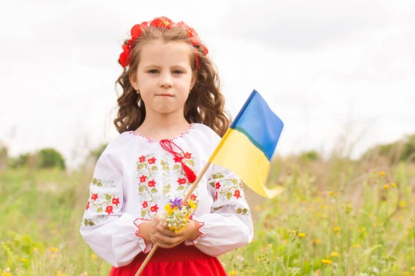 Little Girl Ukrainian Folk Costume Field Ukrainian Flag Her Hands — Stock Photo, Image
