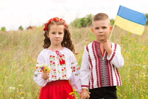 Little Boy Girl National Ukrainian Clothes Blue Yellow Flag Field — стокове фото