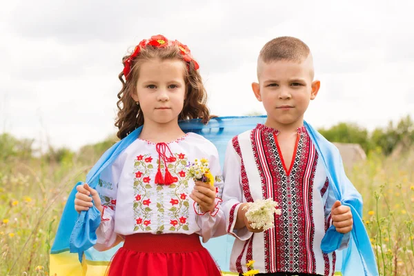 Little Boy Girl National Ukrainian Clothes Blue Yellow Flag Field — Stok fotoğraf