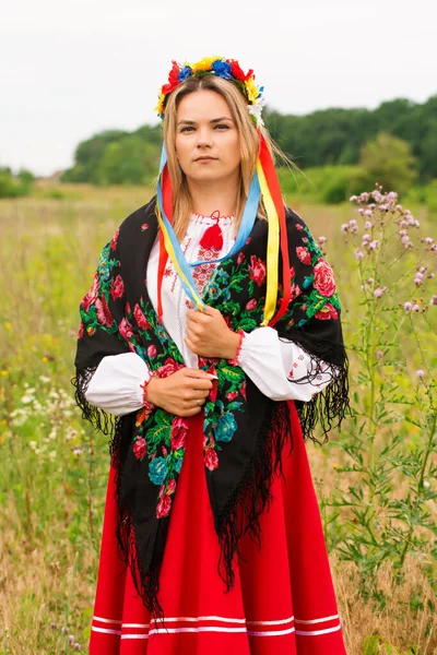 Beautiful Ukrainian Woman Folk Dress Wreath Scarf Field — Stockfoto