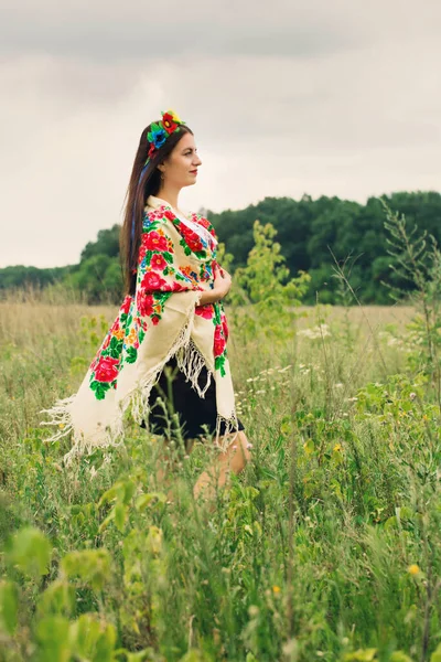 Beautiful Ukrainian Woman Folk Dress Wreath Scarf Field — Fotografia de Stock