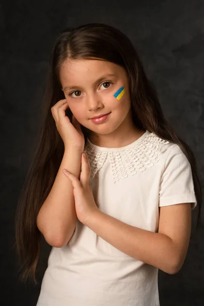 Little Girl Blue Yellow Ukrainian Flag Painted Her Face - Stock-foto