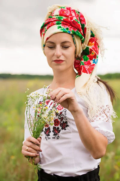 Beautiful Ukrainian Woman Folk Dress Scarf Field Royalty Free Stock Images