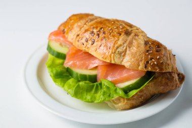 Croissant with salmon and cucumber on a white plate on a white background