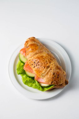 Croissant with salmon and cucumber on a white plate on a white background