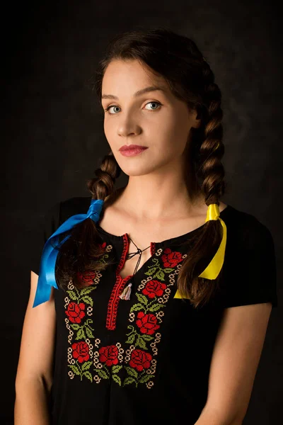 Girl Braided Yellow Blue Ribbons Colors Ukrainian Flag Dark Background — Stockfoto