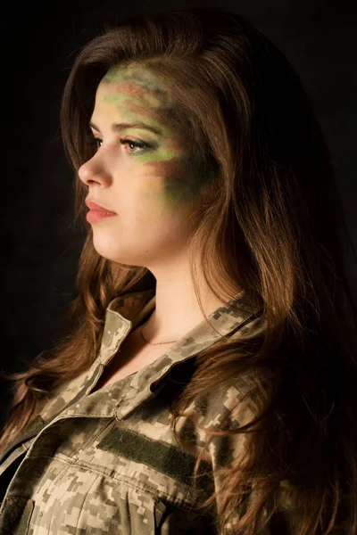 Young Woman Camouflage Makeup Dark Background — Stok fotoğraf