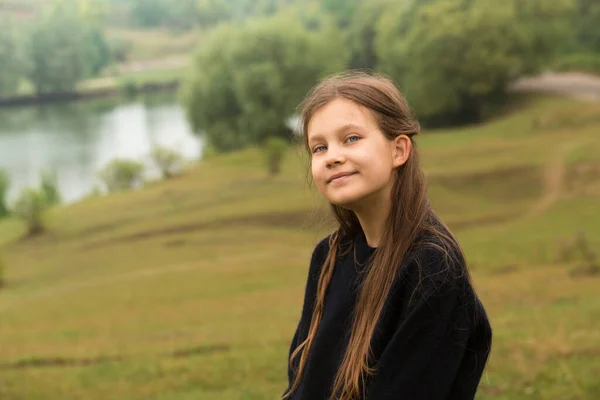 Beautiful Young Girl Alone Nature Foggy Morning — Foto de Stock