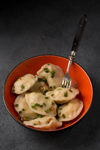 Potato Dumplings Fried Bacon Green Onions — Zdjęcie stockowe