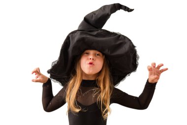 Little emotional witch in big black hat isolated on white background. Halloween concept