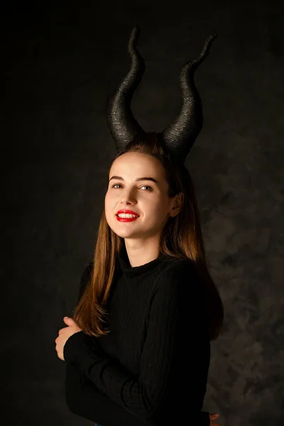 Beautiful Young Girl Horns Dark Background Halloween Concept — Stockfoto